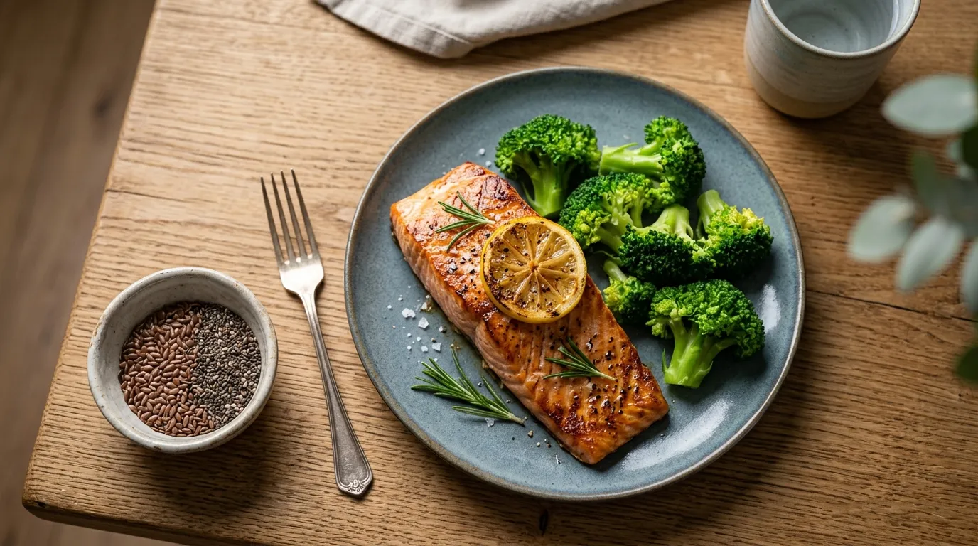 Salmão grelhado rico em ômega 3 mostrando os benefícios da nutrição e saúde mental equilibrada.