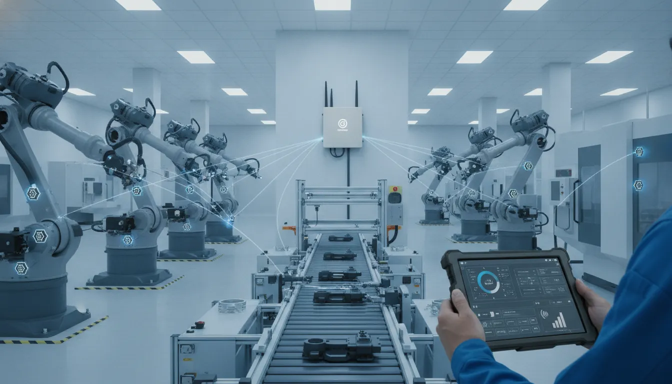 Sensores Zigbee em fábrica inteligente, com plataforma Datatem gerenciando conectividade celular M2M/IoT.