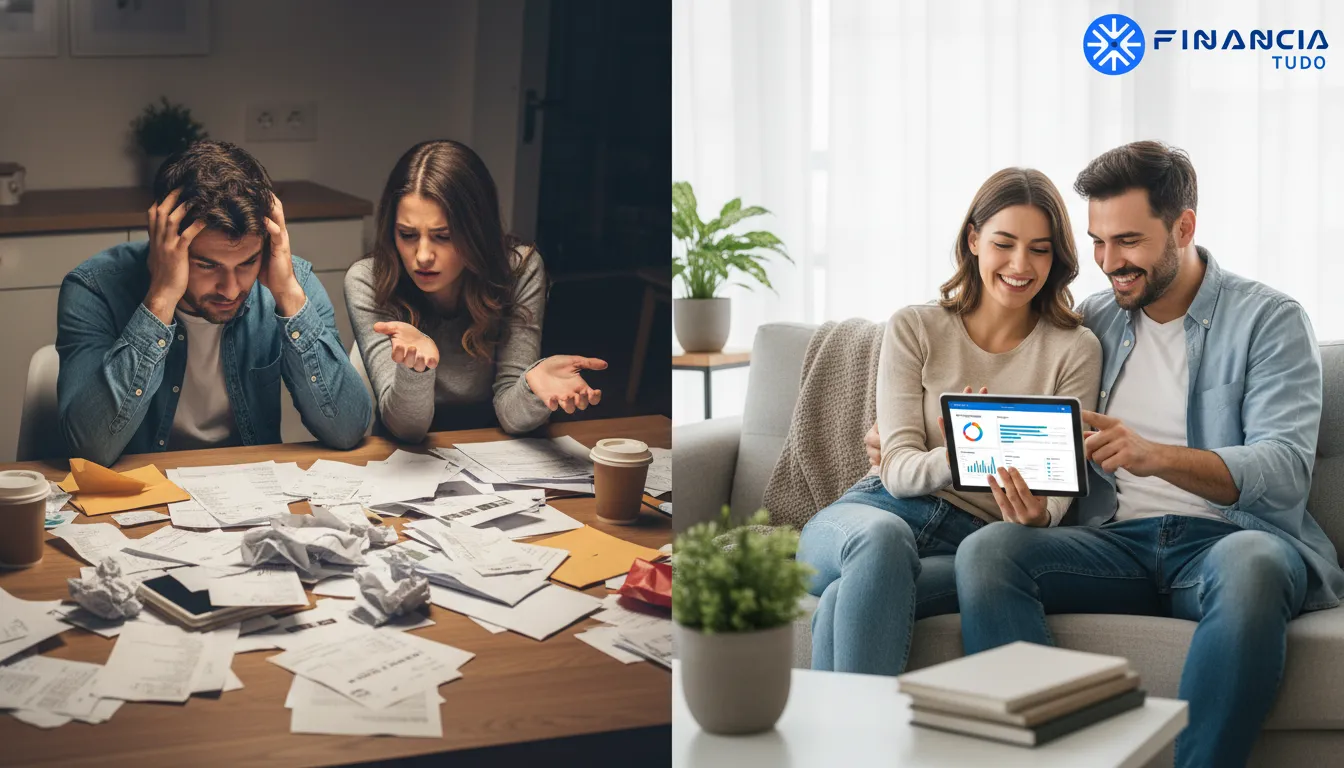 Casal antes e depois do planejamento financeiro com a Financia Tudo, mostrando o poder das decisões financeiras no longo prazo para uma vida mais tranquila.