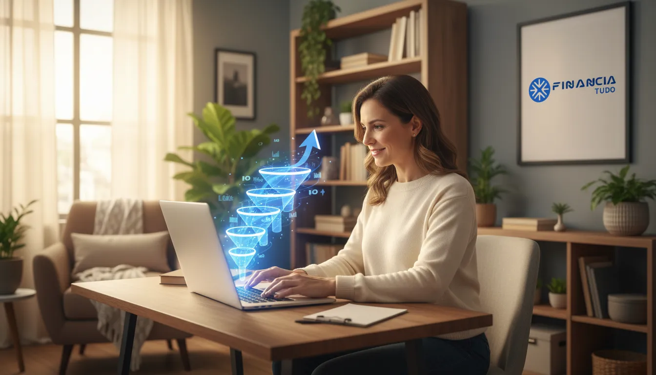 Mulher trabalhando com laptop e funil para afiliados de crédito expandindo da tela, com propaganda sutil da Financia Tudo.