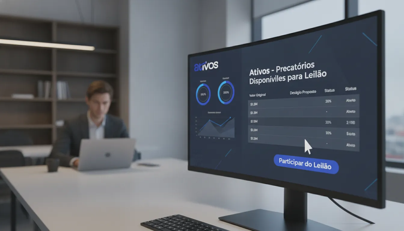 Plataforma digital segura com lista de precatórios disponíveis para leilão, destacando tecnologia.