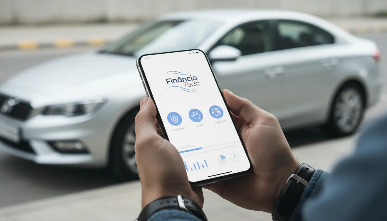 Mãos usando aplicativo para explorar vantagens proteção veicular e gerenciar finanças do carro.