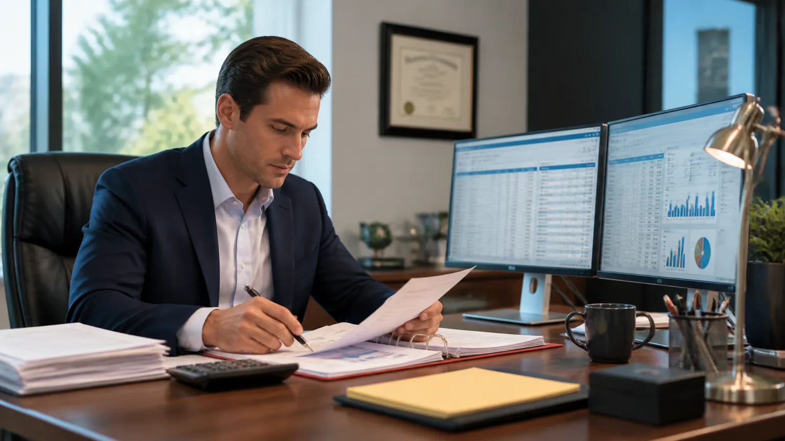 Contador americano com certificação contábil especializada revisando conformidade fiscal de empresas.