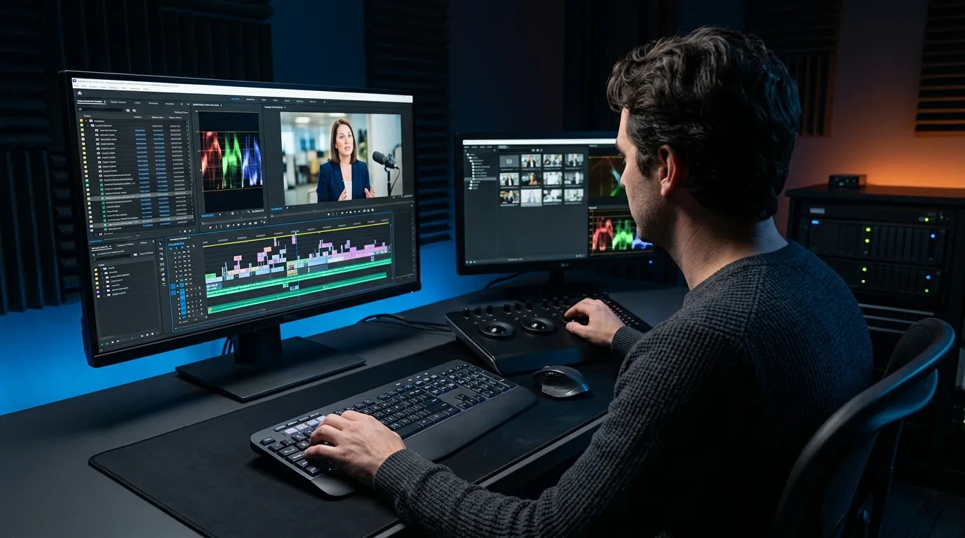 Profissional editando conteúdo corporativo em ilha de edição de uma produtora de vídeos especializada.