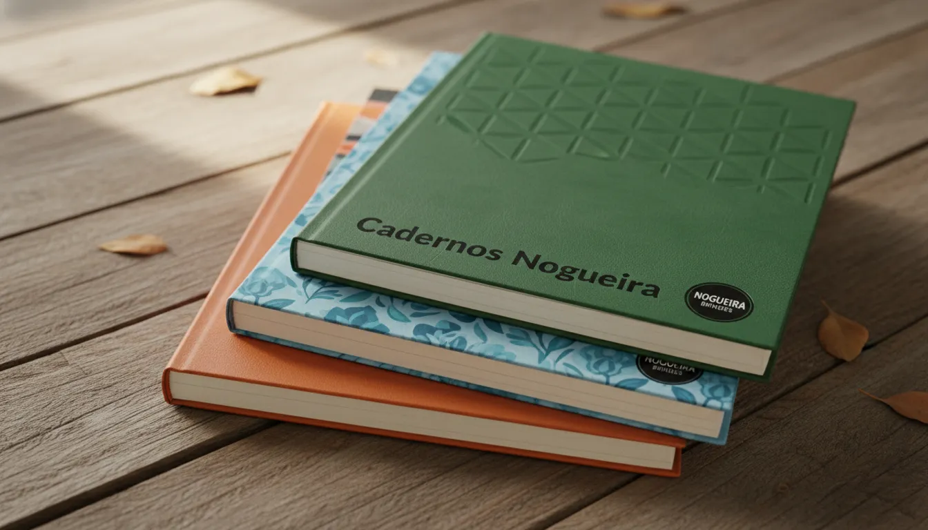 Close-up de vários cadernos personalizados da Nogueira Brindes, empilhados em uma mesa de madeira, destacando a qualidade e o design.