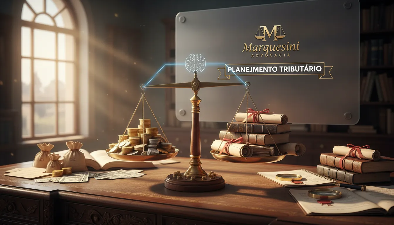 Balança equilibrando dinheiro e documentos legais, representando a análise de custo-benefício do planejamento tributário frente ao imposto seletivo com a Marquesini Advocacia.