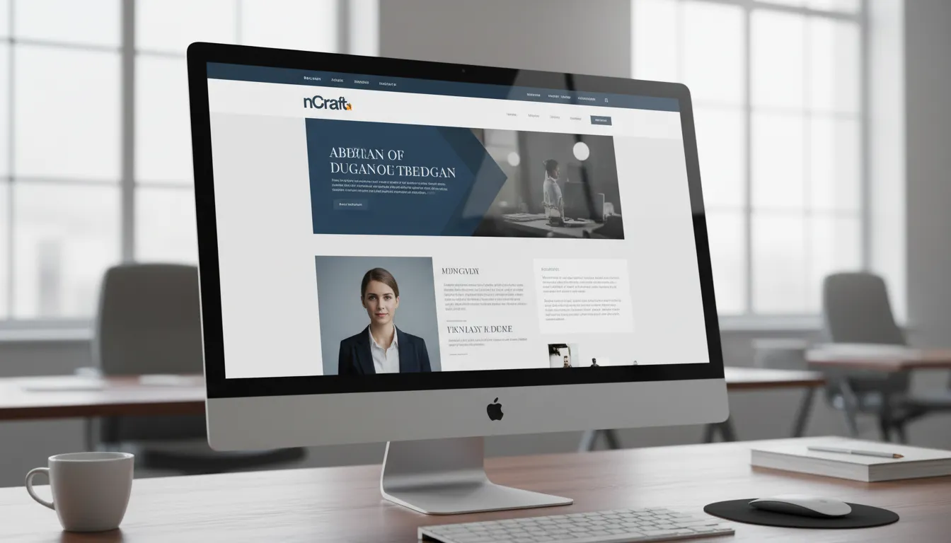 Design elegante e minimalista de um site exibido em um monitor de alta resolução, focado em empresas B2B. O reflexo do logo estilizado representa a criação de sites com identidade visual forte.