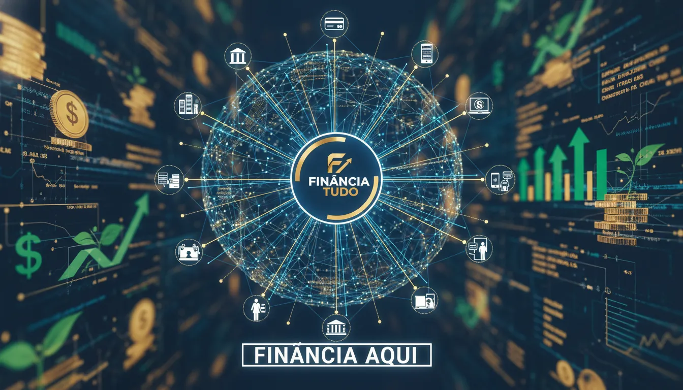 Rede conectando instituições financeiras e indivíduos, com o logo da Financia Tudo no centro. Ilustração do papel de afiliados serviços financeiros como um hub de soluções.