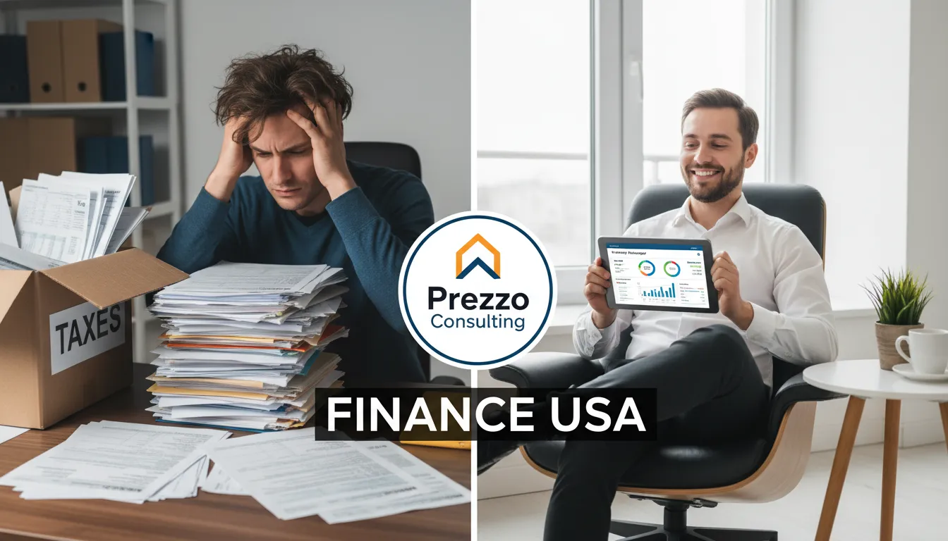 Una comparativa visual de la tranquilidad de manejar tus finanzas con Prezzo Consulting y la complejidad de Como pagar menos impuestos en Estado Unidos sin ayuda profesional.
