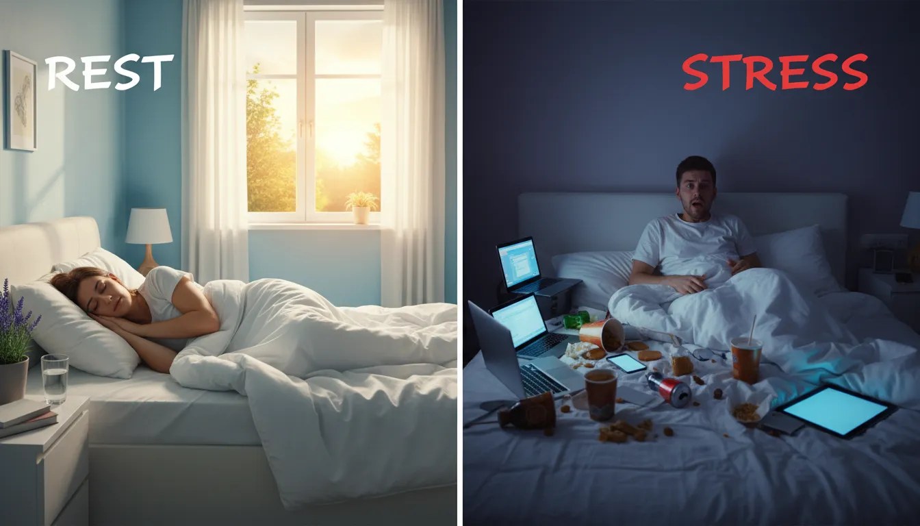 Comparativo visual: bons hábitos de sono versus como dormir mal engorda com escolhas ruins, afetando o metabolismo e o peso.