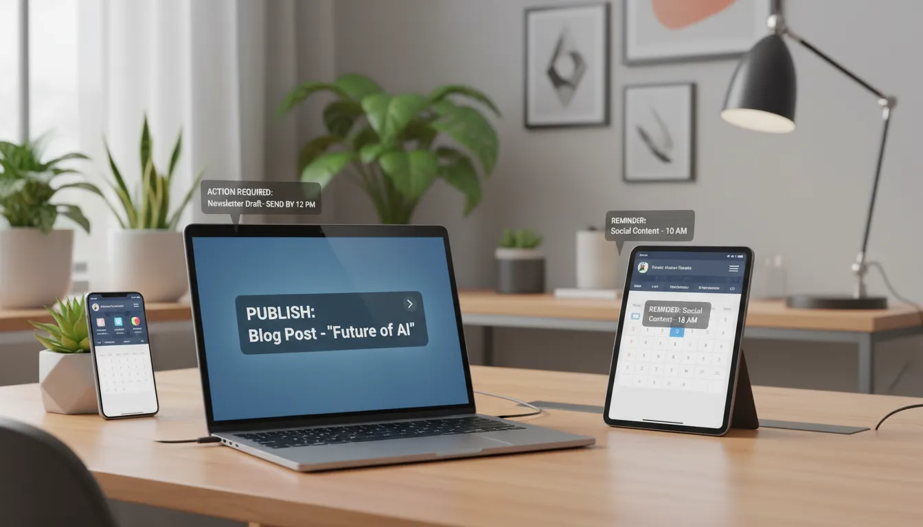 Notificações automáticas de publicação em dispositivos variados, simbolizando automação de fluxo editorial eficiente.