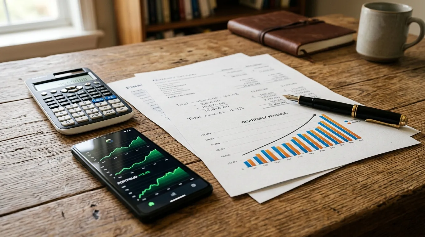 Calculadora e relatórios sobre a mesa exemplificando como calcular capital de giro com precisão.