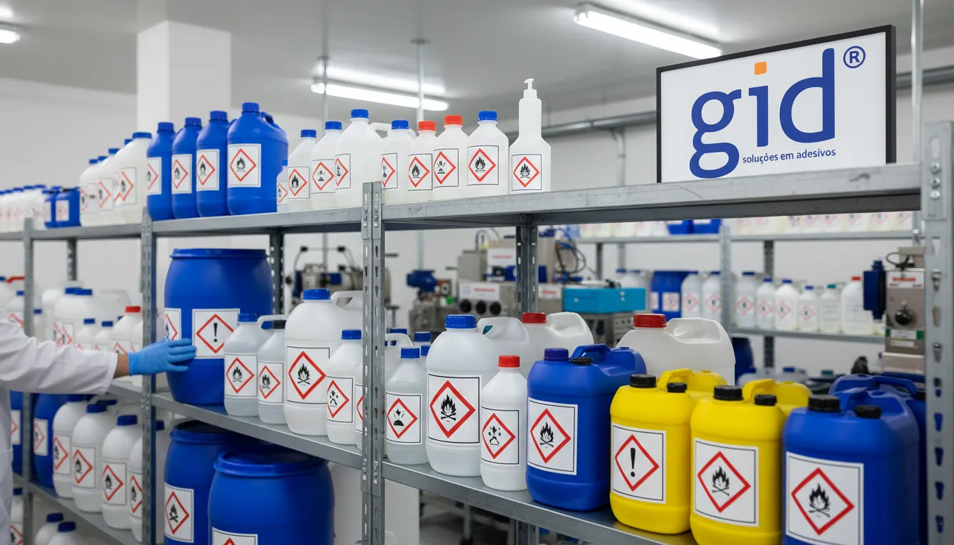 Variedade de rótulos químicos industriais GHS em embalagens diversas, destacando segurança e conformidade.