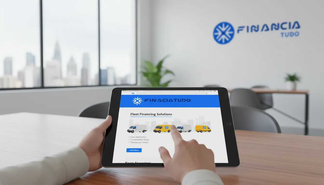 Tablet exibindo opções de crédito para frota de caminhões no site da Financia Tudo, com interface amigável.