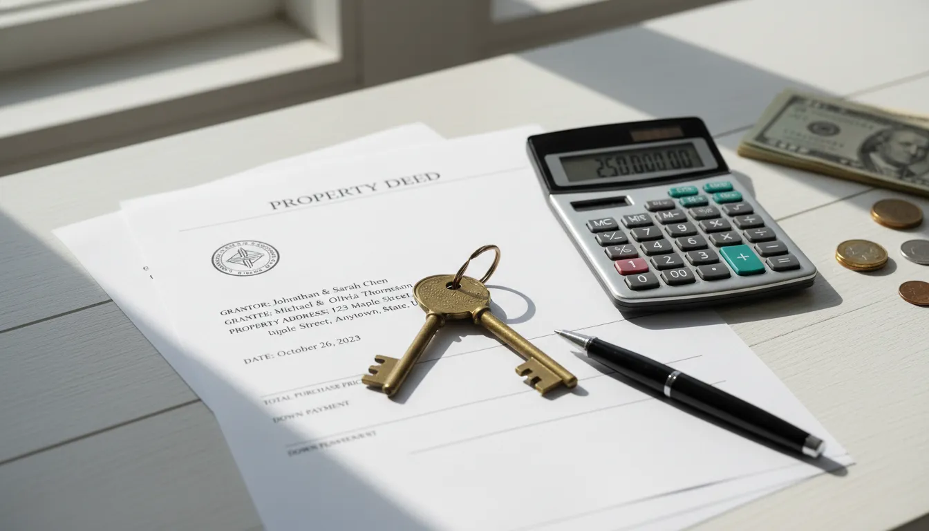 Contrato de imóvel, chaves e calculadora em mesa clara ilustram aquisição de imóvel via home equity.