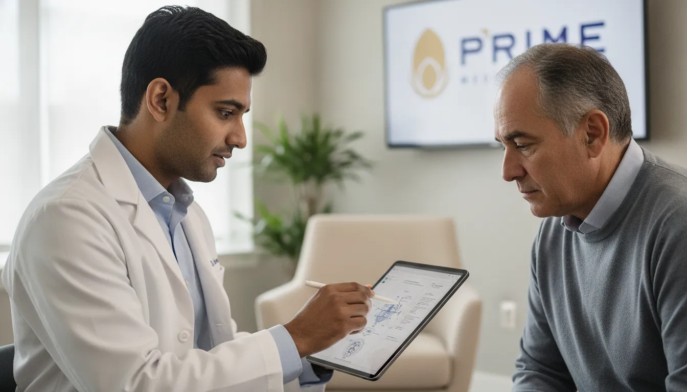 Médico e paciente discutem exames em consulta, focando na saúde do homem e cuidados preventivos. Prime Medical.