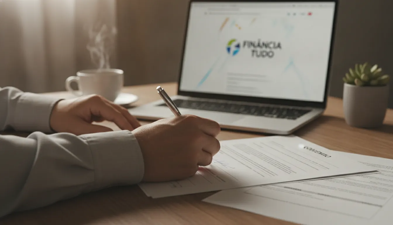 Mãos assinando documento, laptop Financia Tudo; veículo financiado como garantia de empréstimo.