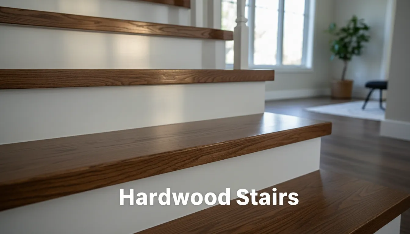 A close-up of a meticulously crafted hardwood staircase, demonstrating the fine detail of Hardwood Flooring Instalation Near Me.