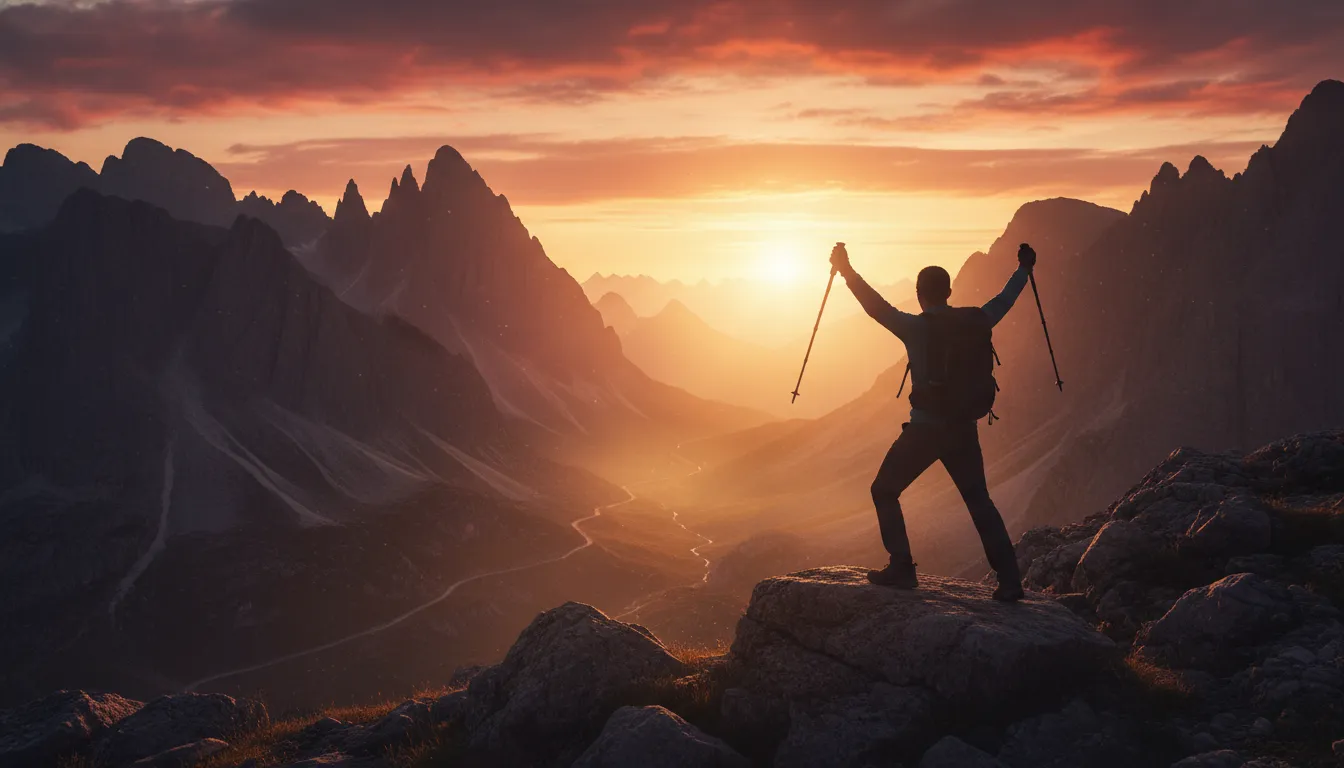 Pessoa caminhando em montanhas ao nascer do sol, representando o autocuidado através da atividade física.
