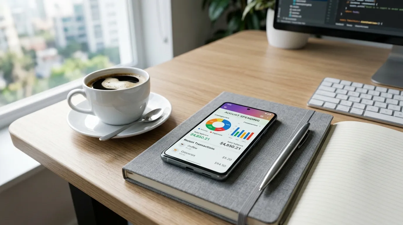 Celular sobre a mesa mostrando aplicativo com indicadores financeiros empresariais.