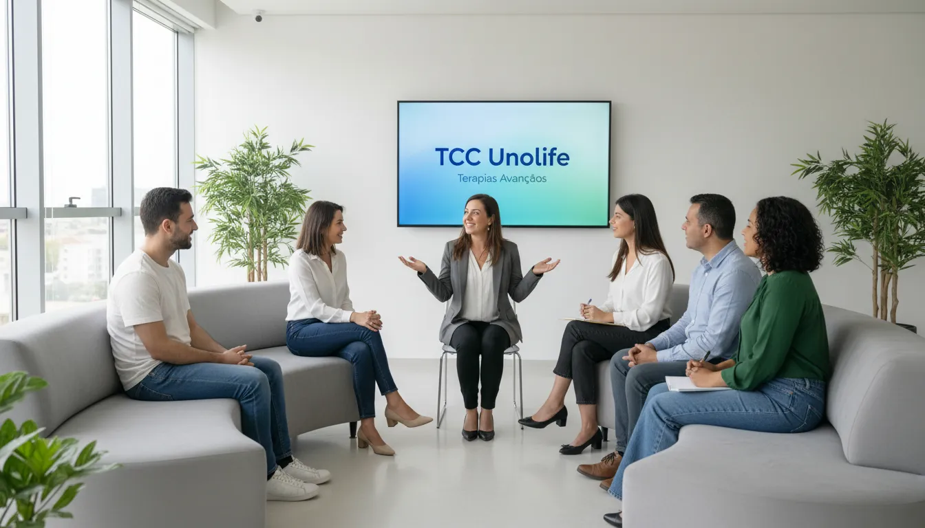 Ilustração de uma sessão de Terapia Cognitivo Comportamental (TCC) com um grupo diverso de pessoas, conduzida por um terapeuta da Unolife. Demonstração de terapias avançadas.