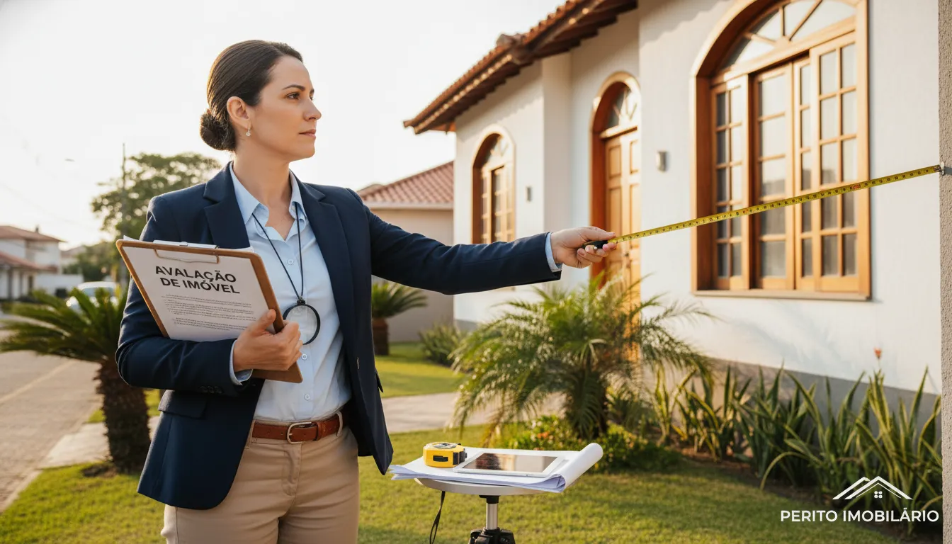 Especialista imobiliário avaliando fachada de casa com prancheta e fita métrica