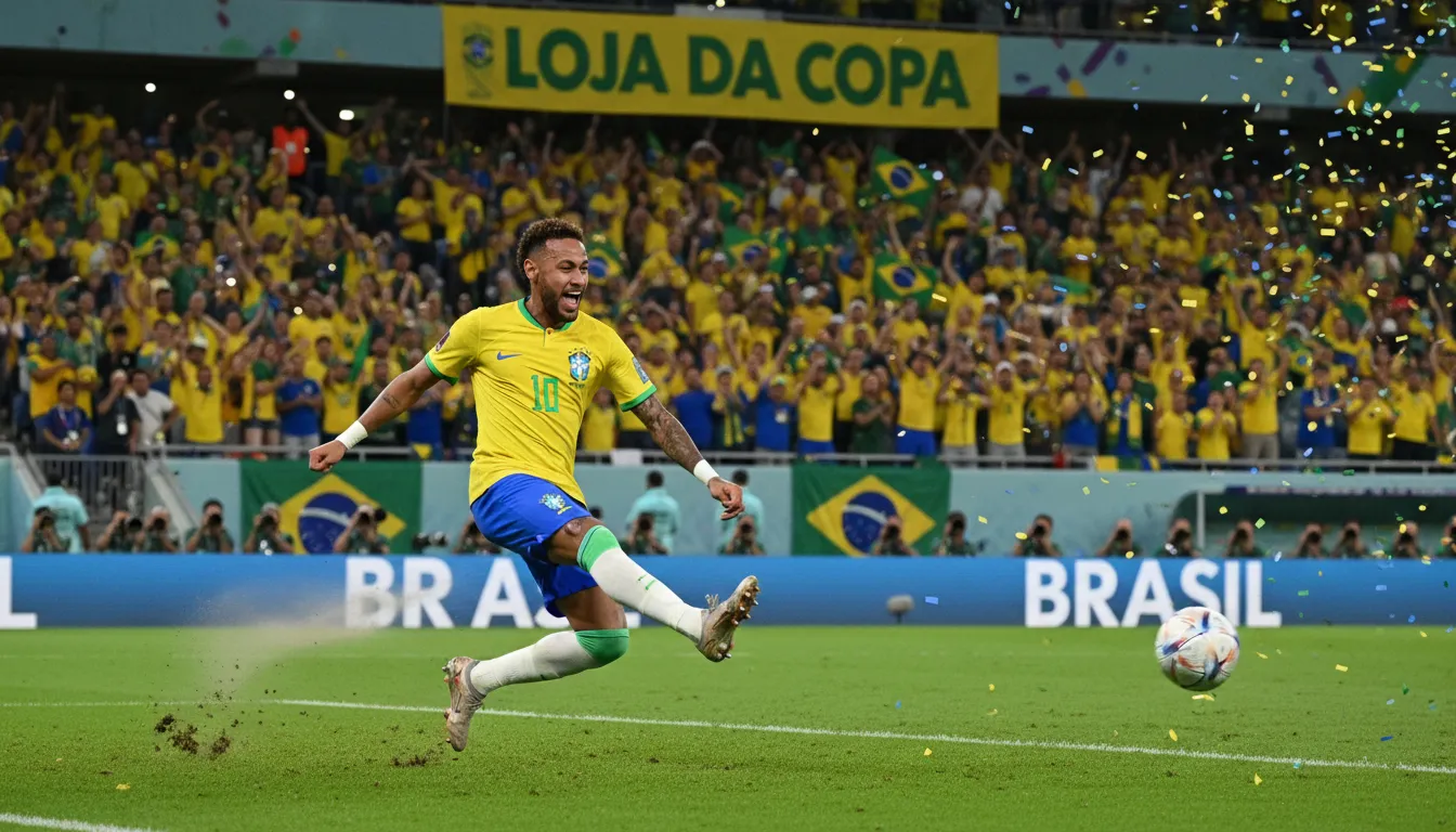 Neymar Jr. marcando um gol crucial durante um jogo da Copa, com a torcida brasileira ao fundo e a marca Loja Da Copa em um banner.
