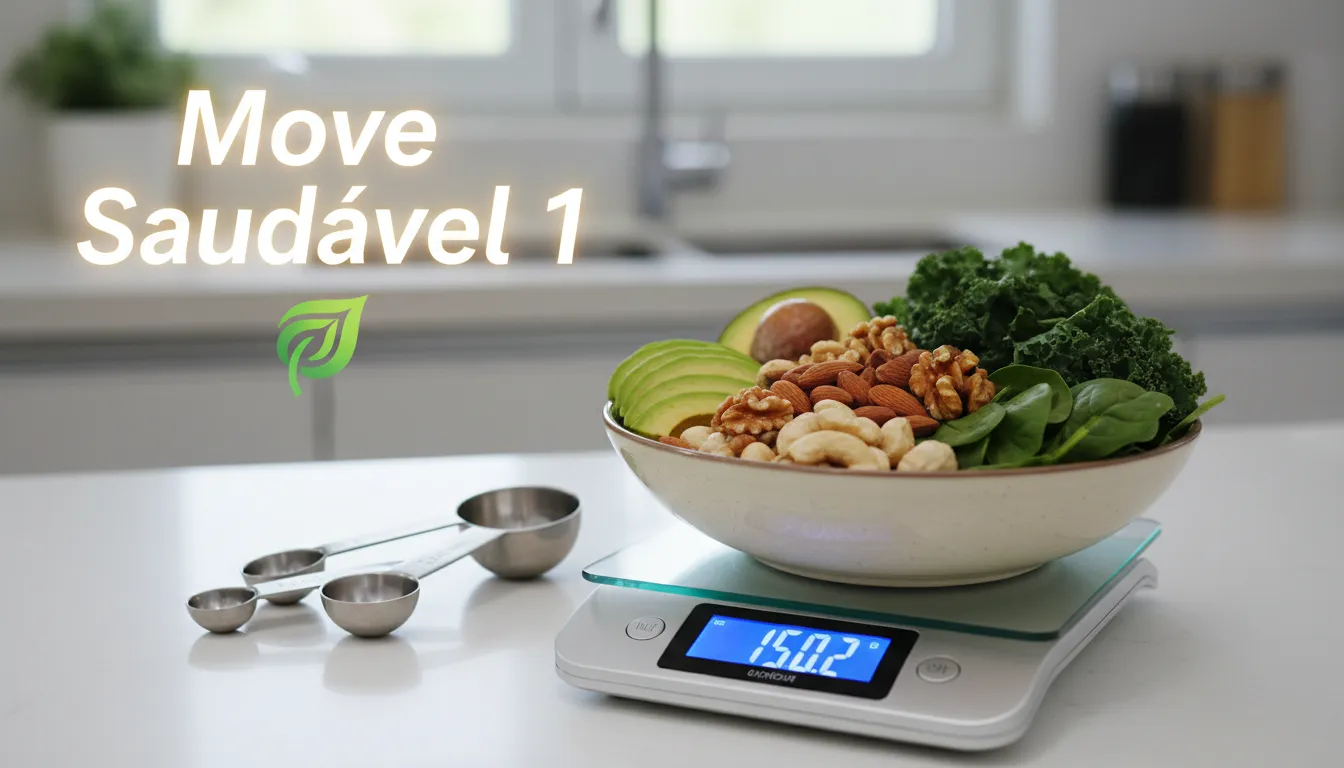 Alimentos saudáveis pesados em balança, ilustrando o controle excessivo ao comer pouco e não emagrecer.