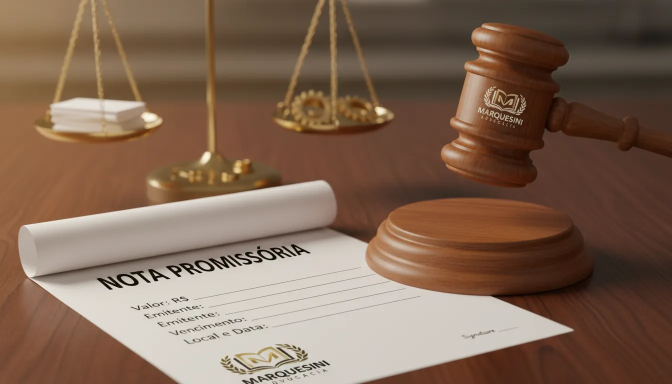 Um martelo de juiz ao lado de uma nota promissória, simbolizando a segurança jurídica garantida pela Marquesini Advocacia.