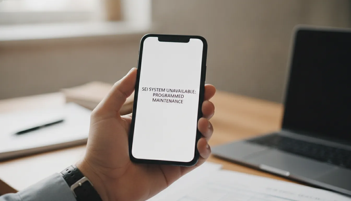 Notificação de sistema SEI indisponível em smartphone, impactando serviços trabalhistas e previdenciários.