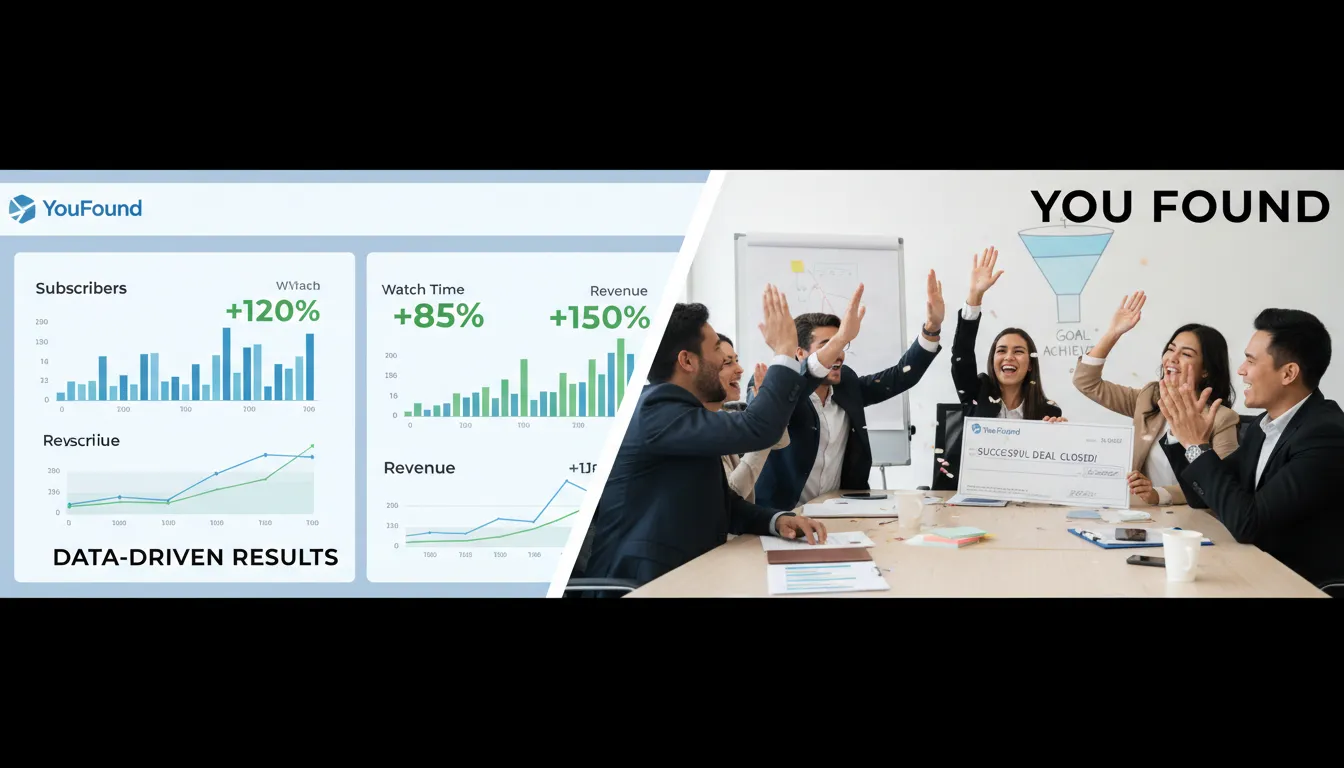 Painel de análise do YouTube mostrando crescimento, com equipe de vendas celebrando. Demonstração do funil de vendas.