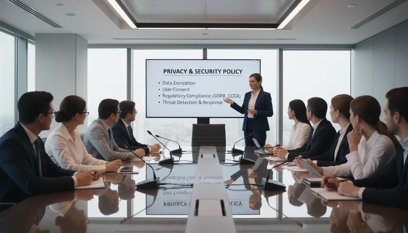 Apresentação corporativa sobre políticas de privacidade para formação de cultura de segurança.