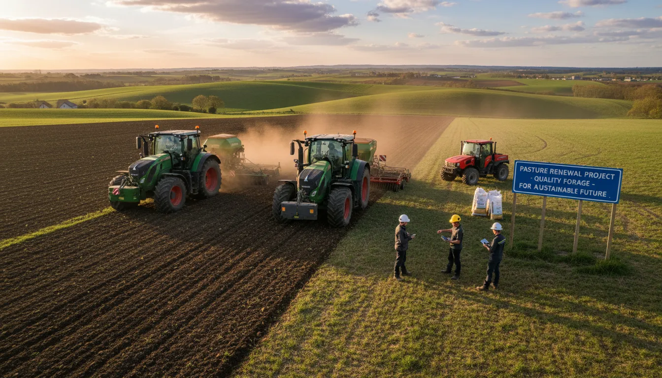 Renovação de pastagem com tratores, semeadura de forrageiras e equipe técnica acompanhando.