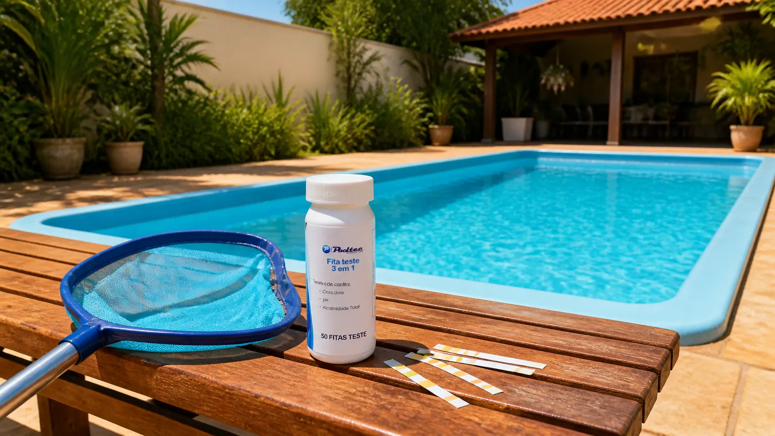 Passo a passo ensinando como tratar água de piscina de plástico para garantir água cristalina o verão todo.