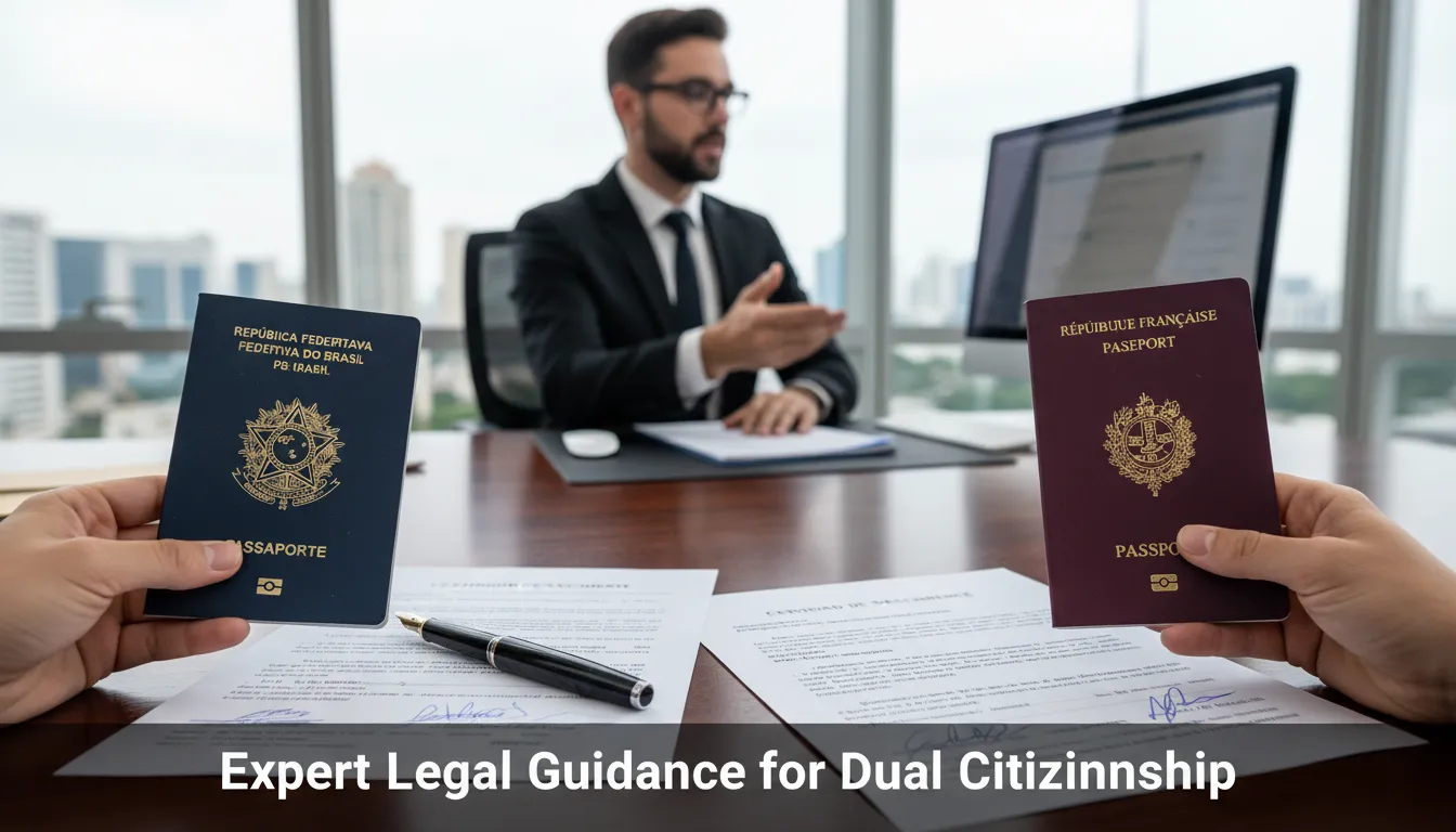 Close-up of hands holding dual passports, legal documents for Brazilian dual citizenship application.