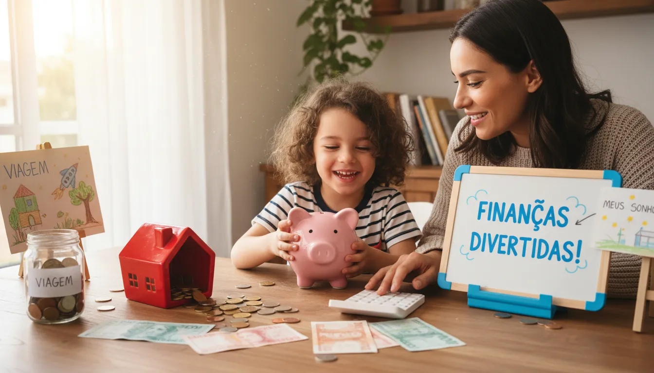 Criança e adulta mexem com cofrinhos e dinheiro, aprendendo sobre finanças desde a infância em ambiente familiar.