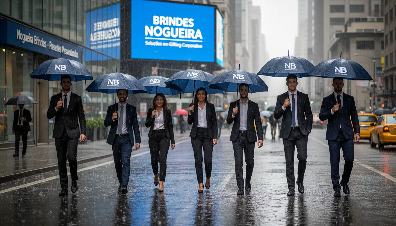 Grupo de profissionais de negócios usando guarda-chuva personalizado da Nogueira Brindes em dia de chuva, reforçando o reconhecimento da marca.
