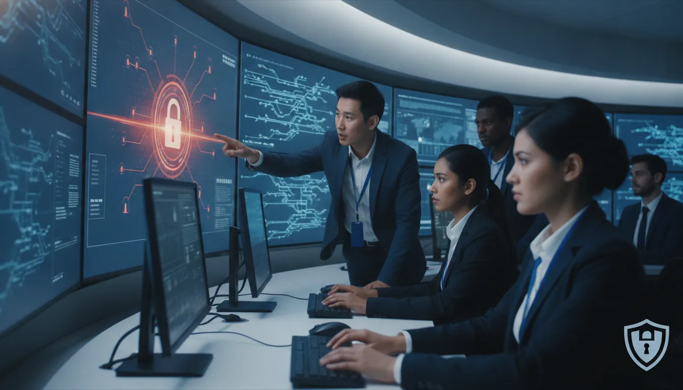 Equipe de especialistas InfoLock monitora telas, protegendo empresa contra malware e ameaças cibernéticas.