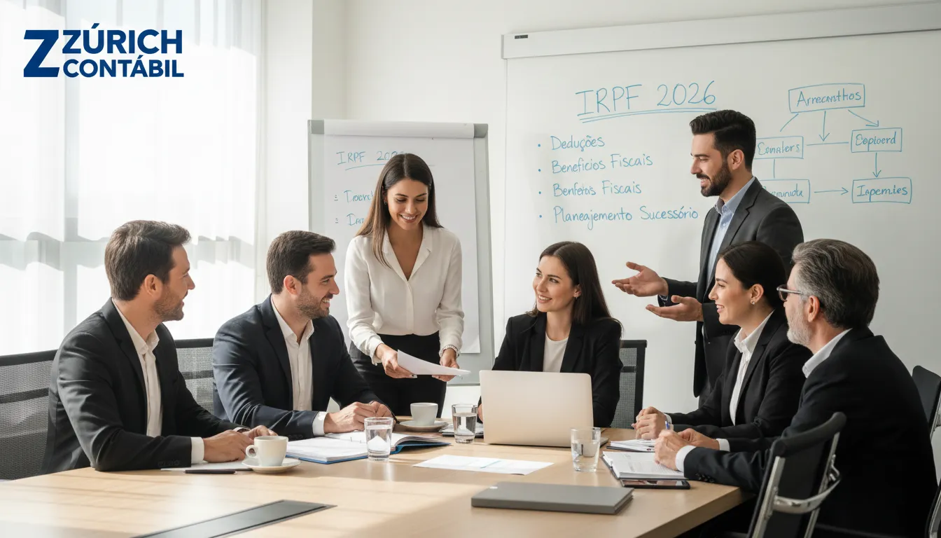 Reunião entre profissionais discutindo o IRPF 2026.