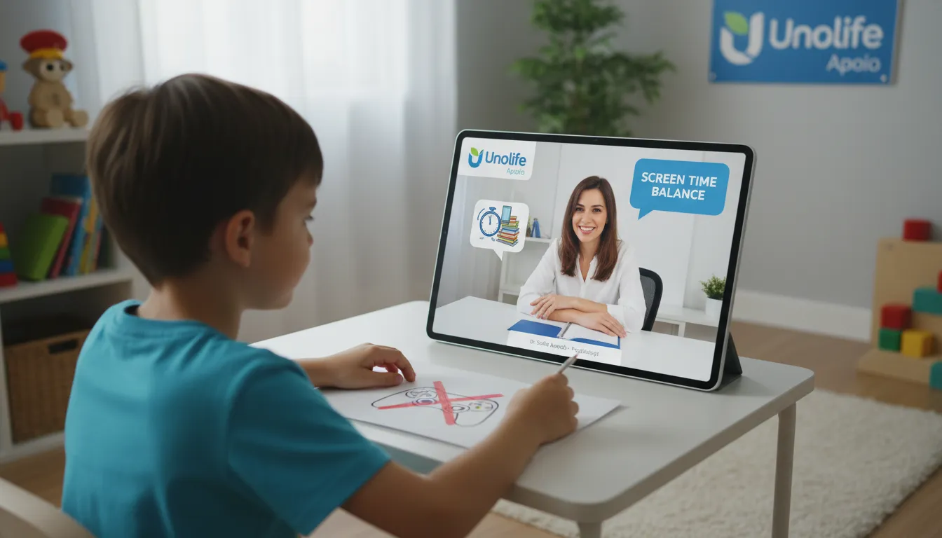 Criança em sessão de terapia online com psicólogo da Unolife, discutindo hábitos de uso excessivo de telas. Unolife: Conectando você a especialistas.