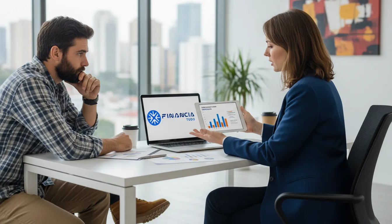 Consultor financeiro explicando opções de crédito com garantia de caminhão para capital de giro, destacando o suporte especializado da Financia Tudo.