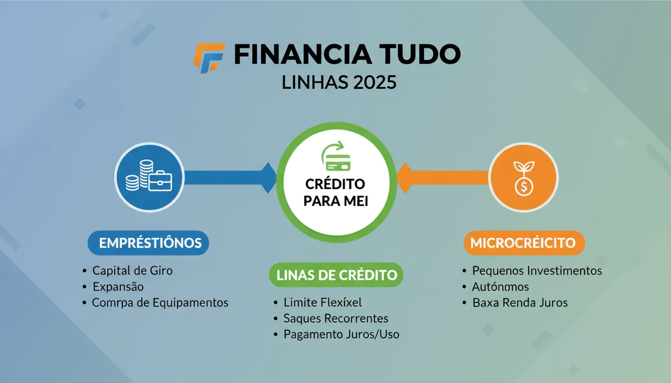 Infográfico moderno mostrando as opções de crédito para MEI disponíveis, incluindo o logo da Financia Tudo. Crédito para MEI em destaque.