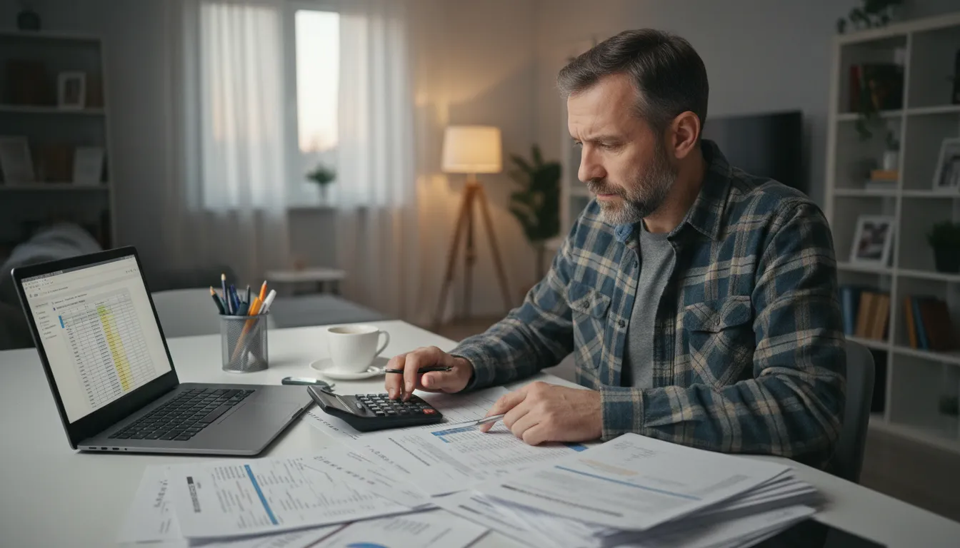 Trabalhador em casa checando cálculos de rescisão com calculadora, papéis e notebook, demonstrando cuidado nos detalhes.