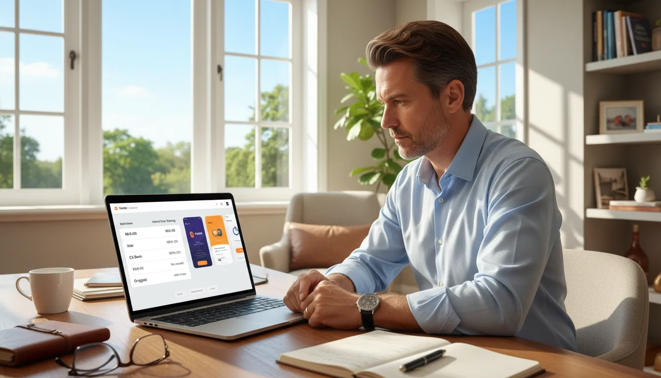 Homem compara bancos digitais no notebook em escritório caseiro, analisando taxas e aplicativos