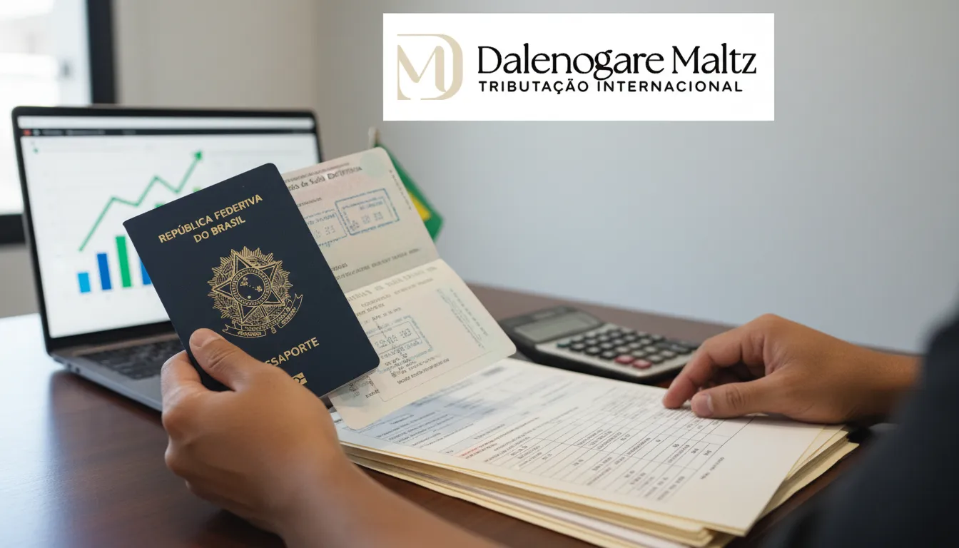 Mãos de brasileiro analisando passaporte e documentos de dupla residência fiscal, buscando evitar bitributação.