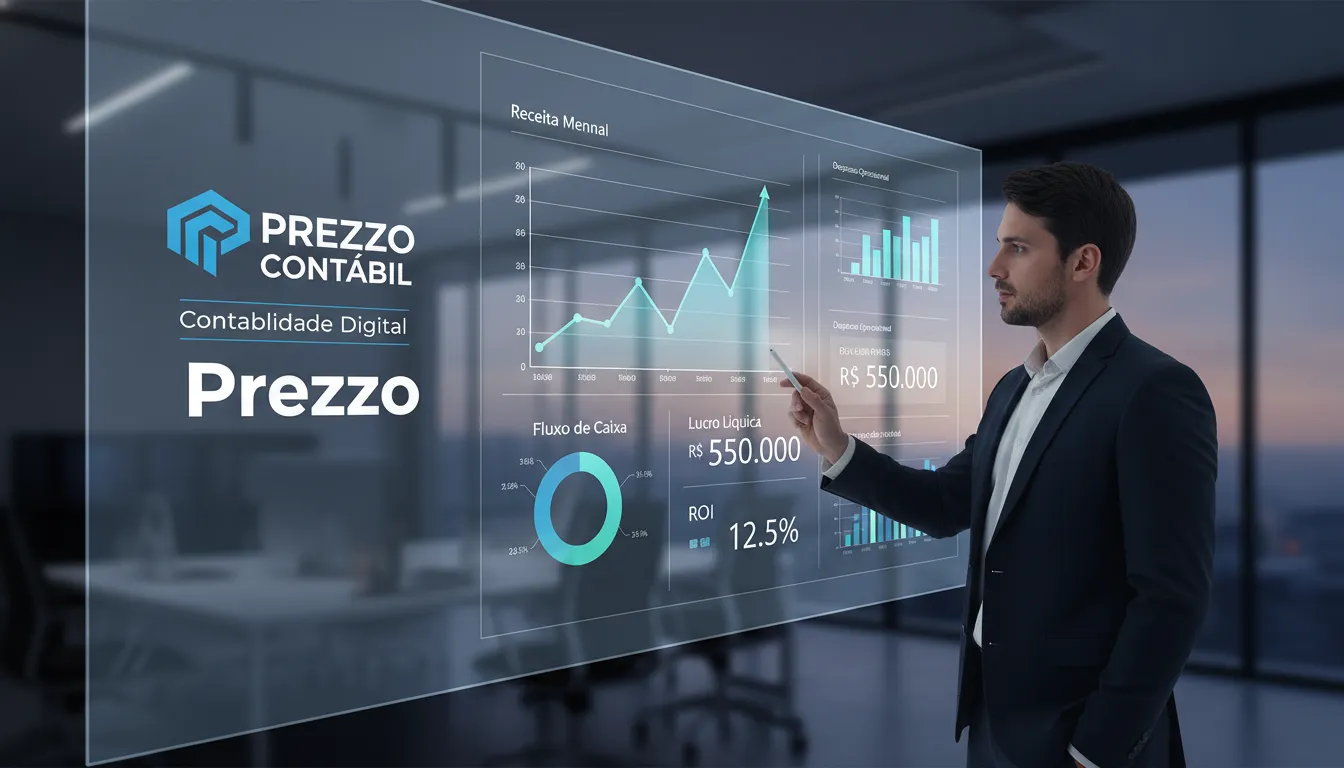 Painel digital exibindo métricas financeiras cruciais para uma gestão eficaz na Abertura de Empresa no Paraná, com o apoio da Prezzo Contábil.