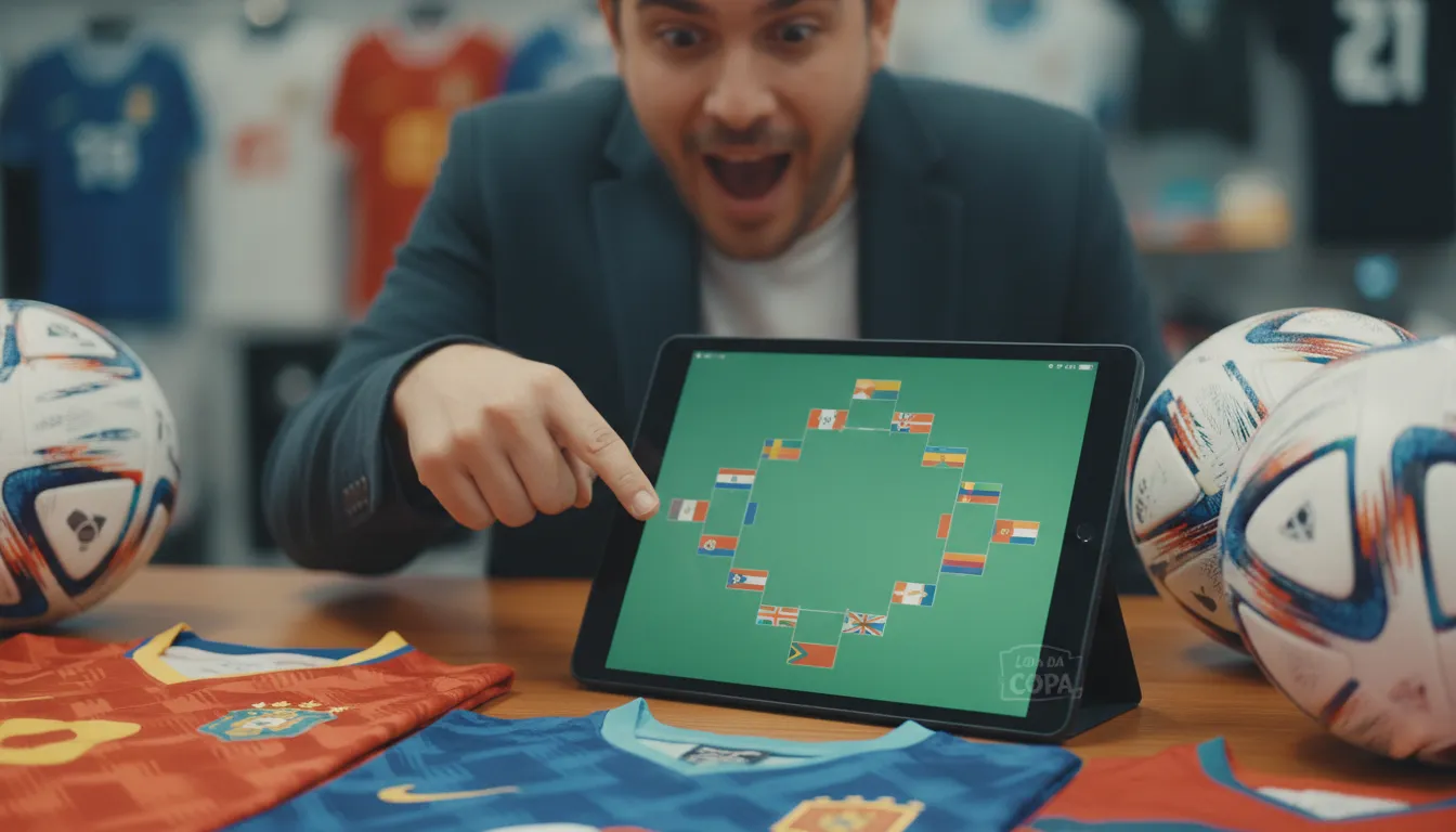Close-up realista de um tablet mostrando os grupos da copa do mundo 2026, com produtos da Loja da Copa ao redor.
