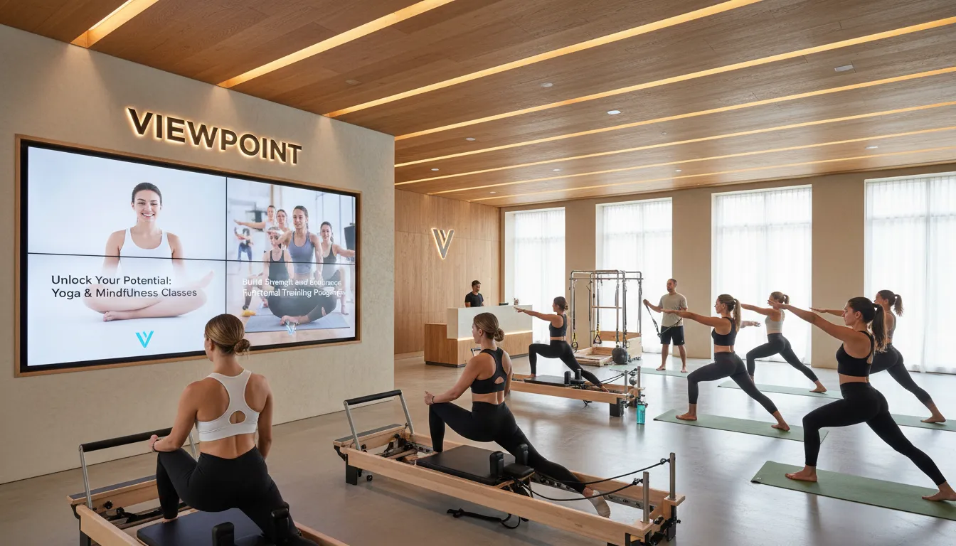 Interior de estúdio wellness premium com anúncios de serviços e clientes engajados em pilates e yoga. A Viewpoint fornece mkt de performance e posicionamento.
