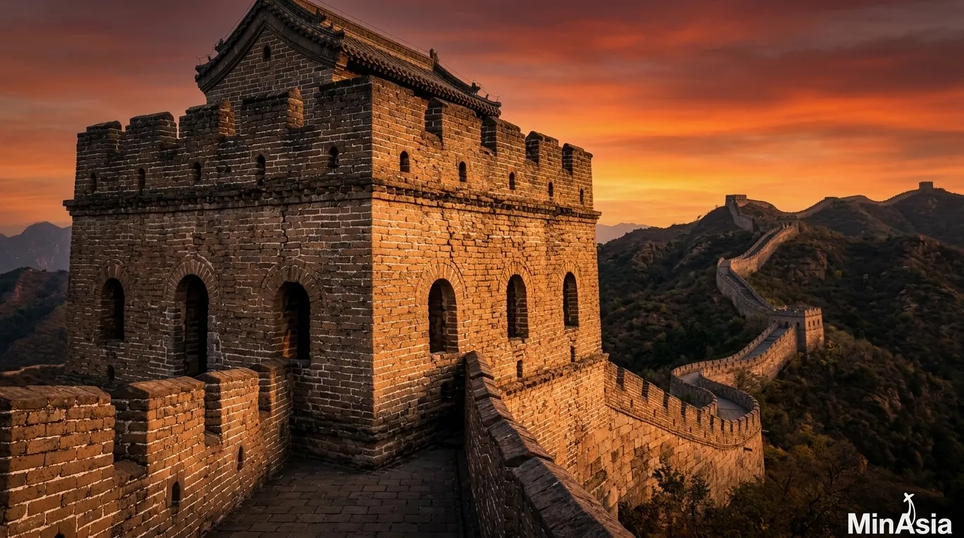 Torre de vigia histórica na Grande Muralha da China destacada pela luz dourada do entardecer.