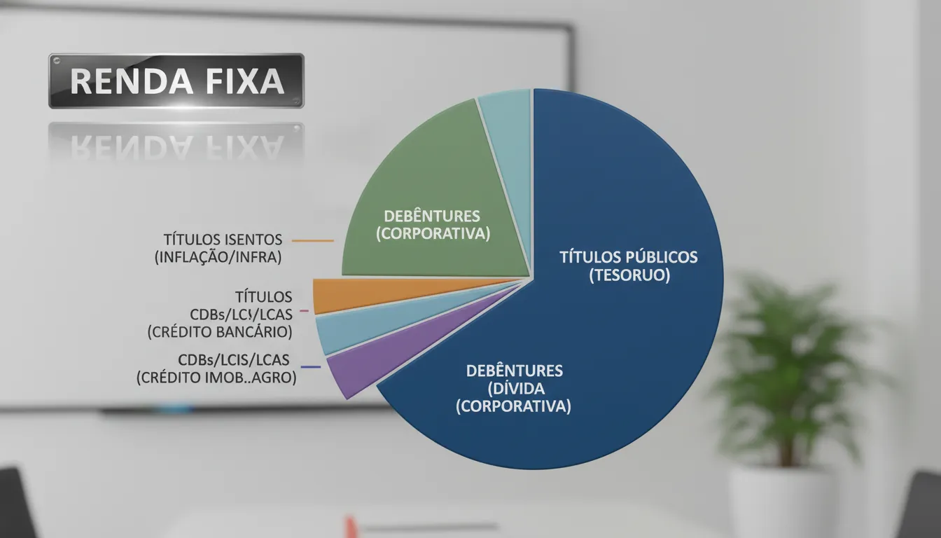 Visualização de um portfólio diversificado de renda fixa, destacando a importância da alocação em diferentes tipos de ativos.